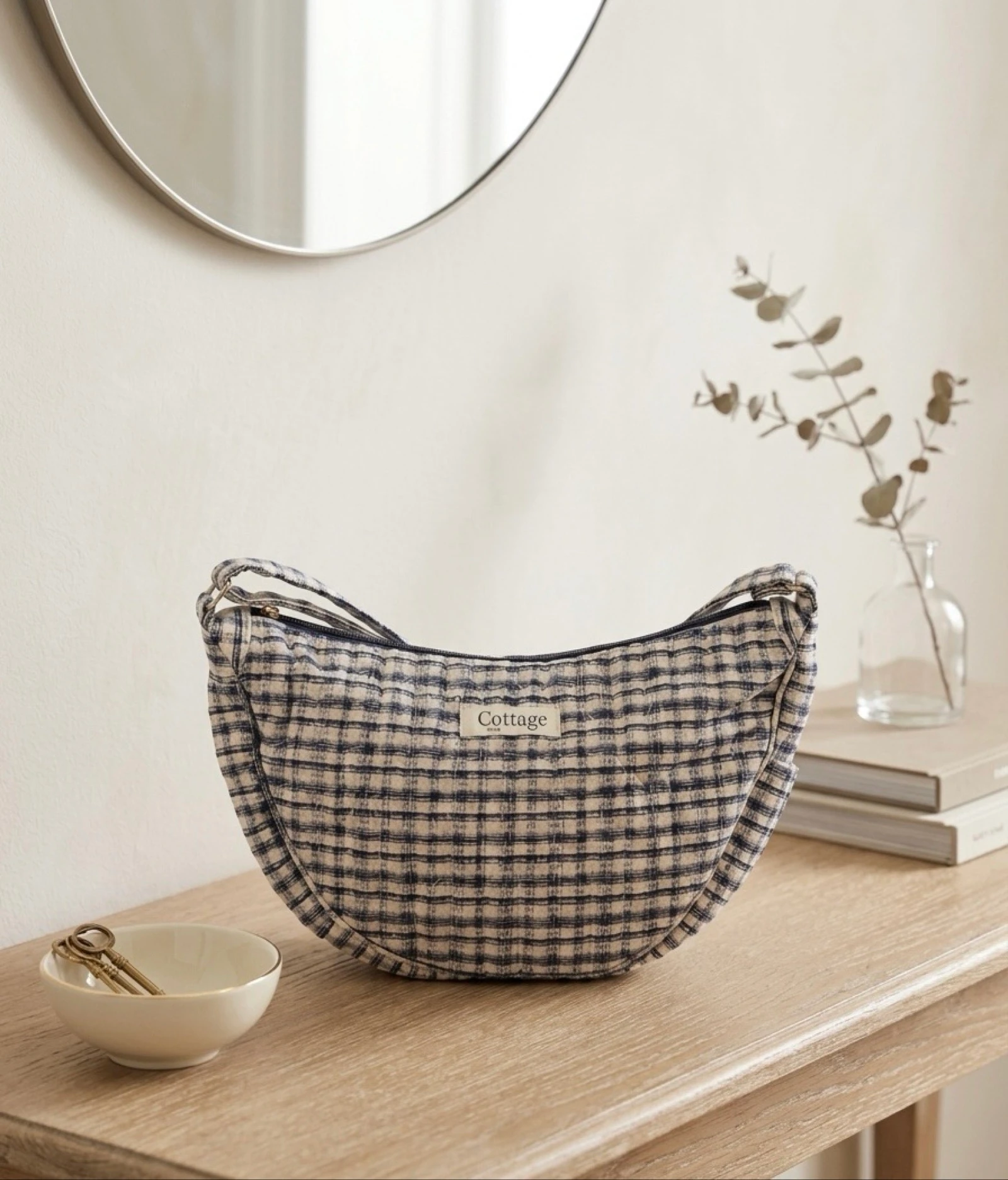 Sac Lune 100% Coton Matelassé Collection Cottage & Bag / Modèle Carreaux Marine